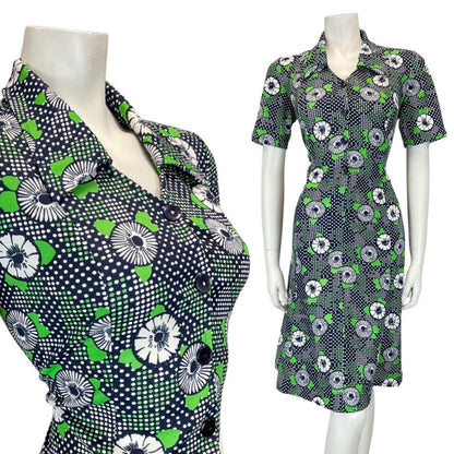 VINTAGE 60s 70s NAVY BLUE GREEN WHITE FLORAL DOTTY MOD SHIRT DRESS 12 14