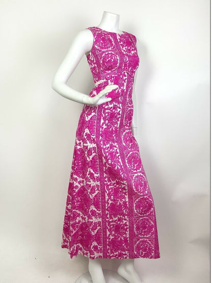 VINTAGE 60s 70s PINK WHITE FLORAL LACE HAWAIIAN PSYCHEDELIC COTTON MAXI DRESS 8