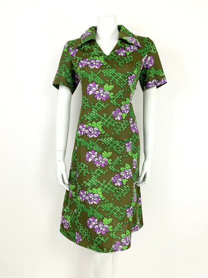 VINTAGE 60s 70s OLIVE GREEN PURPLE WHITE FLORAL GEOMETRIC SHIFT DRESS 14 16