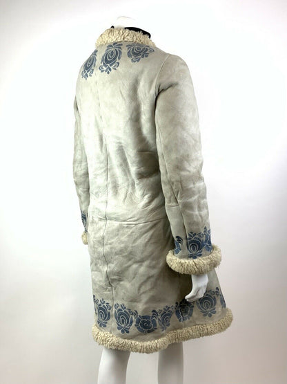 VTG 60s 70s GREY CREAM BLUE FLORAL SUEDE SHEARLING SHEEPSKIN MOD COAT 12 14