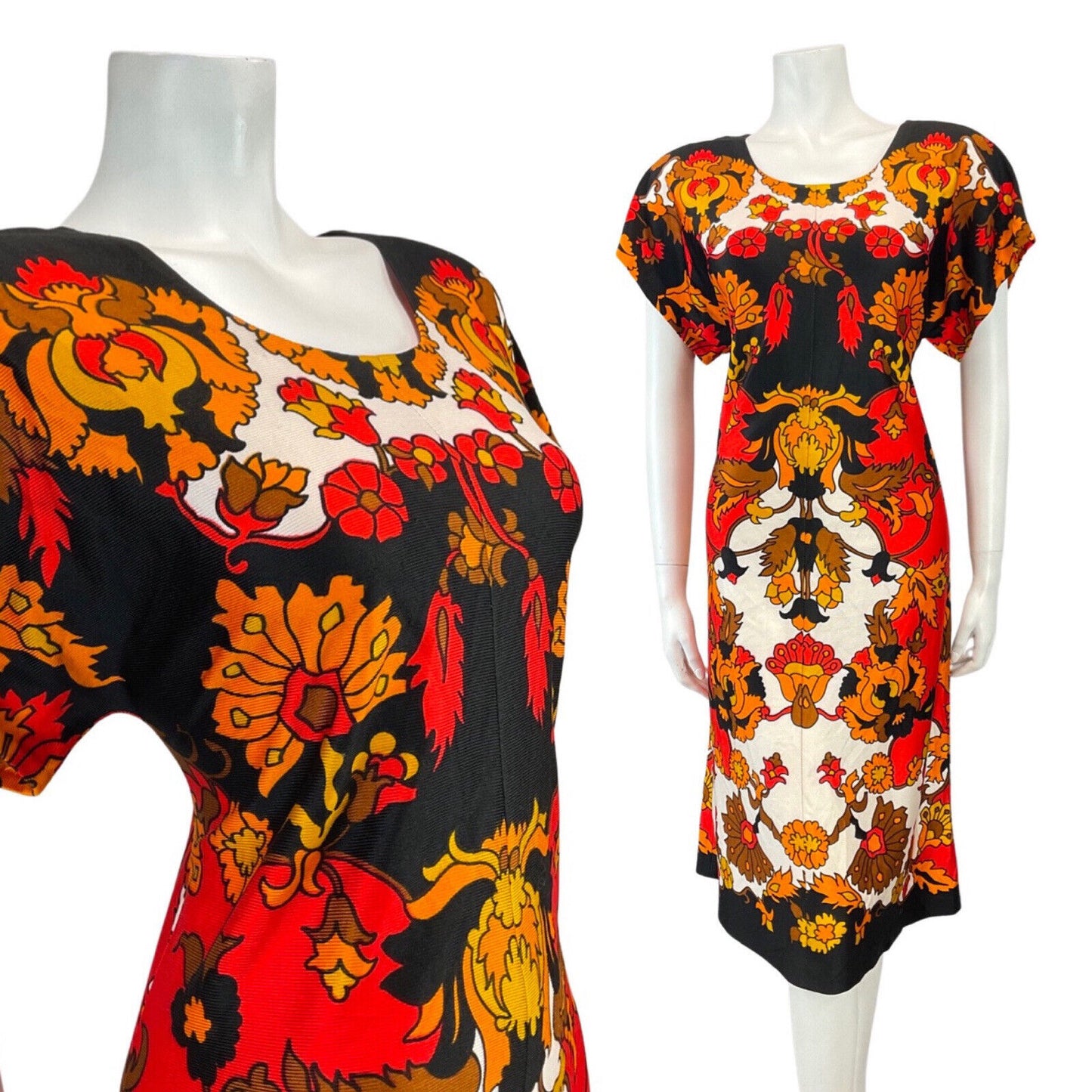 VINTAGE 60s 70s BLACK RED WHITE PSYCHEDELIC FLORAL MOD KNEE-LENGTH DRESS 14