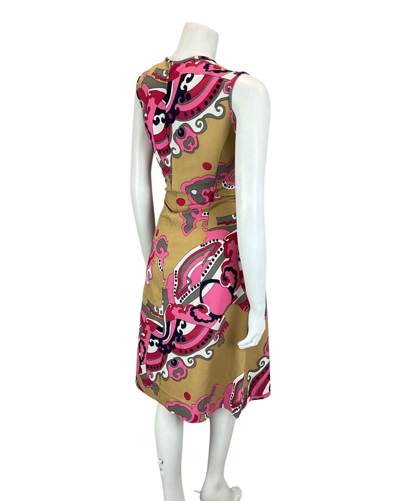 VINTAGE 60s 70s PINK BEIGE GREY PSYCHEDELIC SWIRL MOD SLEEVELESS DRESS 10 12