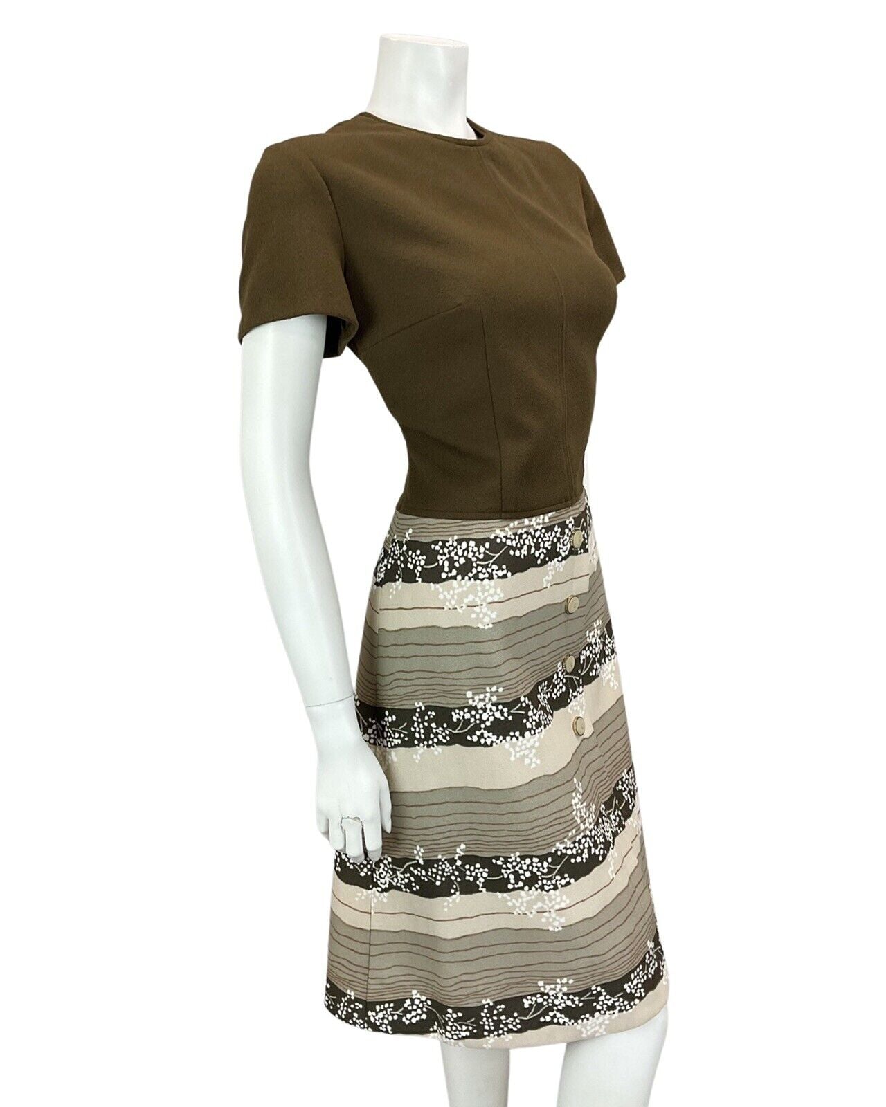 VTG 60S 70S BROWN BEIGE TAN STRIPED PRINT BOHO MOD MIDI DRESS 12 14