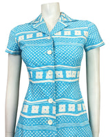 VINTAGE 60s 70s BRIGHT BLUE WHITE GEOMETRIC CHECKERBOARD MOD SHIRT DRESS 4 6