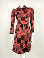 VINTAGE 60s 70s RED BLACK BROWN ABSTRACT SQUARE WING COLLAR ASYMMETRIC DRESS 8
