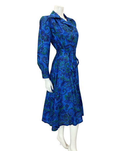 VINTAGE 60s 70s BLUE GREEN PSYCHEDELIC FLORAL FEATHER MOD SILK SHIRT DRESS 8 10