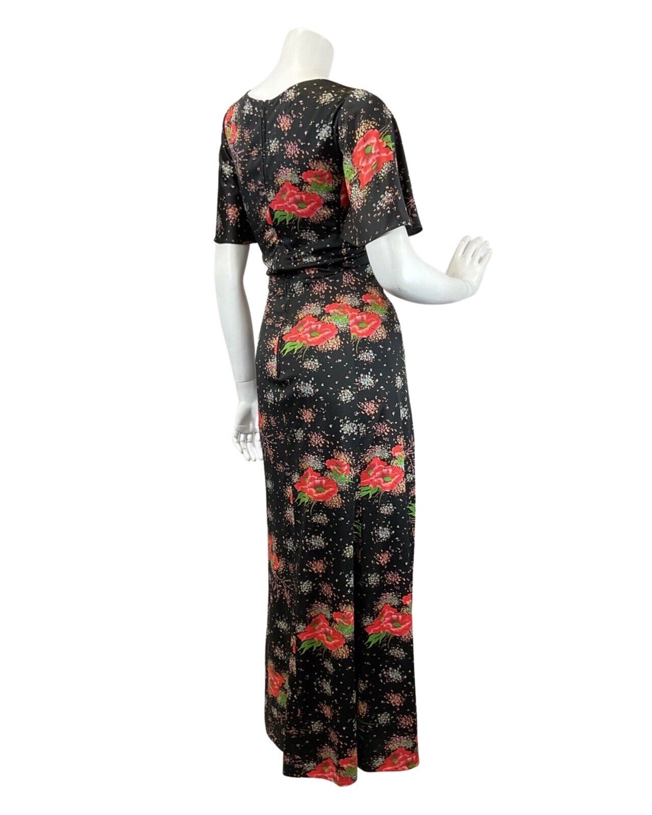 VINTAGE 60s 70s BLACK RED GREEN POPPY FLOWER DOTTY MAXI DRESS 14 16