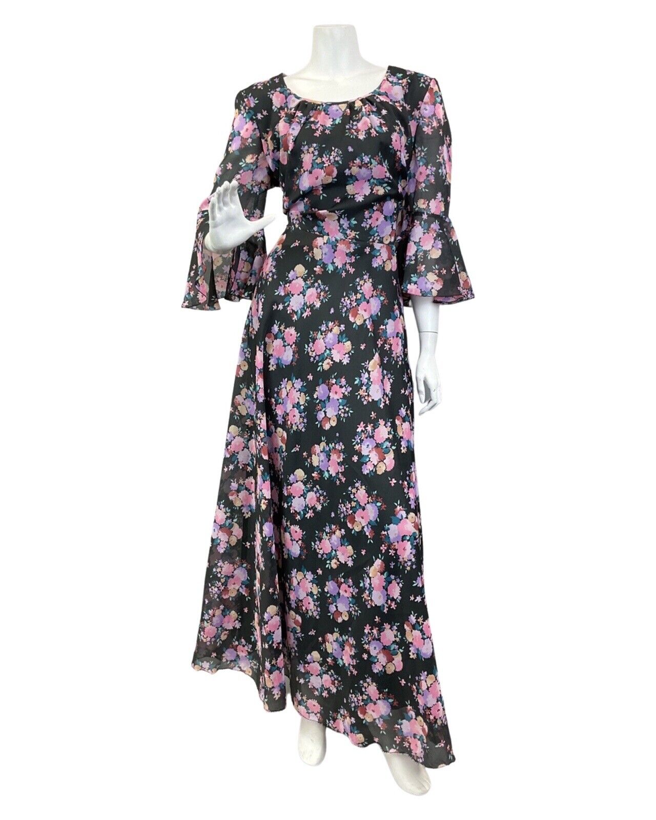 VINTAGE 60s 70s BLACK PINK BLUE FLORAL BOUQUET FLOUNCE SLEEVE BOHO MAXI DRESS 16