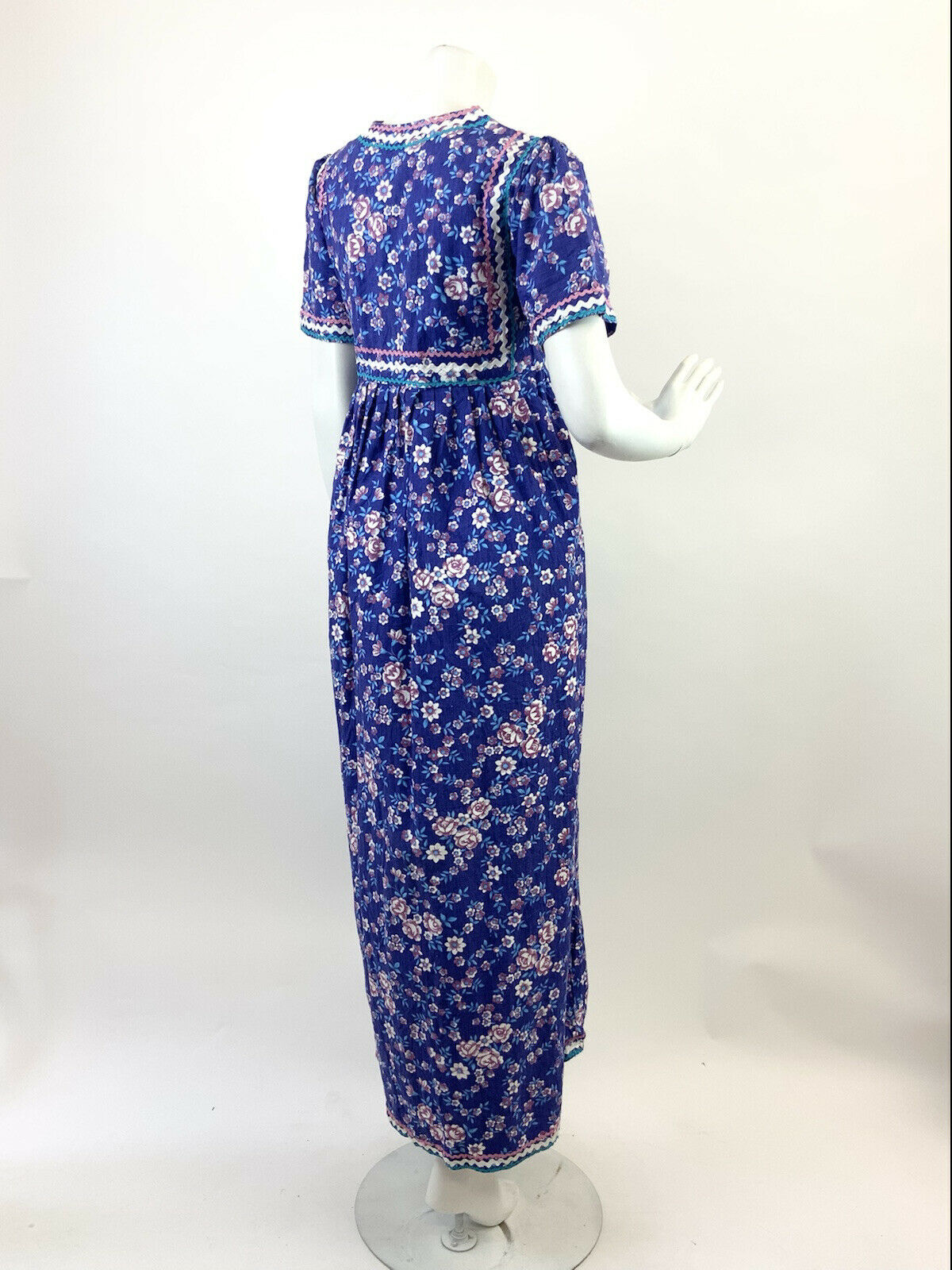 VTG 60s 70s PURPLE BLUE PINK WHITE RICRAC FLORAL PRAIRIE BOHO FOLK MAXI DRESS 10