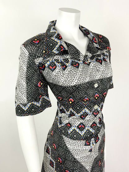 VINTAGE 60s 70s BLACK WHITE RED CROSS-HATCH GEOMETRIC DAGGER SHIRT DRESS 16 18