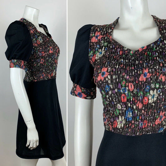 VINTAGE 70S SHIRRED FLOWER MULTI COLOURED GLITTER DRESS 4 6