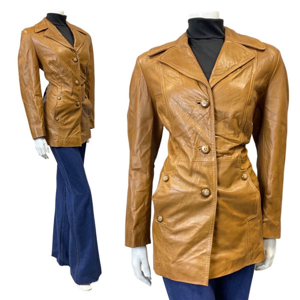 VINTAGE 60s 70s LIGHT BROWN GOLD MOD NAPPA LEATHER JACKET 14 16