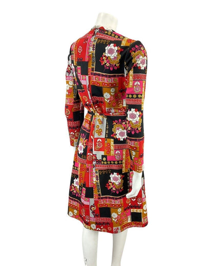 VINTAGE 60s 70s RED BLACK GOLD PATCHWORK FLORAL DAISY BELTED MOD DRESS 12 14