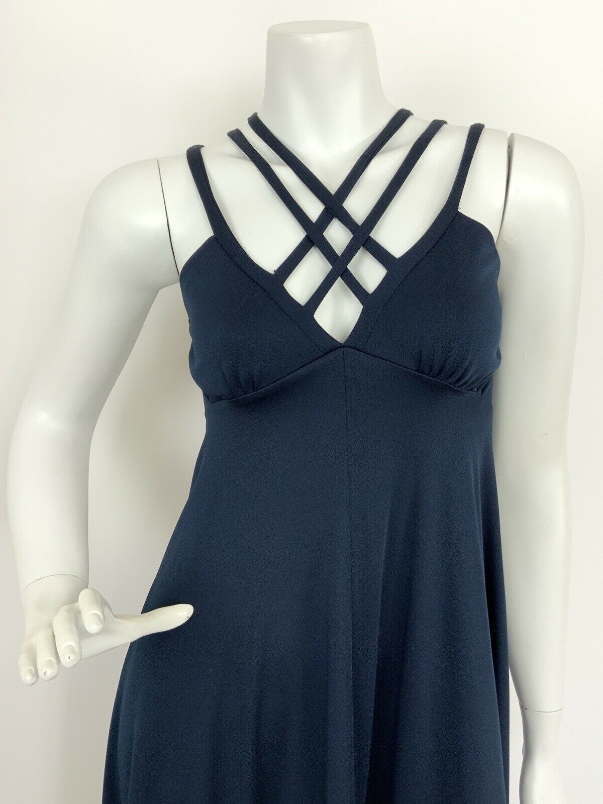 VINTAGE 70s NAVY BLUE STRAPPY CROSS HATCH ELEGANT STUDIO MAXI DRESS 6