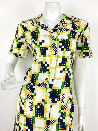 VINTAGE 60s 70s CREAM LIME GREEN BLUE ORANGE GEOMETRIC PIXEL SHIRT DRESS 10 12