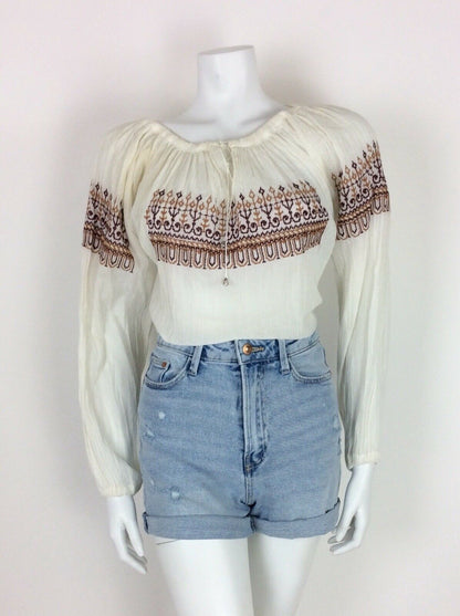 VINTAGE 60s 70s ETHNIC PEASANT TOP WHITE CREAM RED BROWN HIPPY 12 14