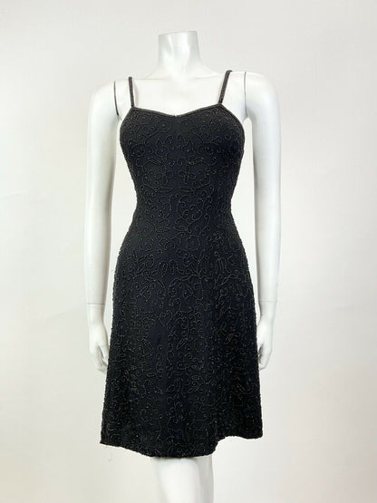 VINTAGE 70s 80s BLACK FLORAL VINE BEADED SPAGHETTI STRAP PARTY MINI DRESS 8