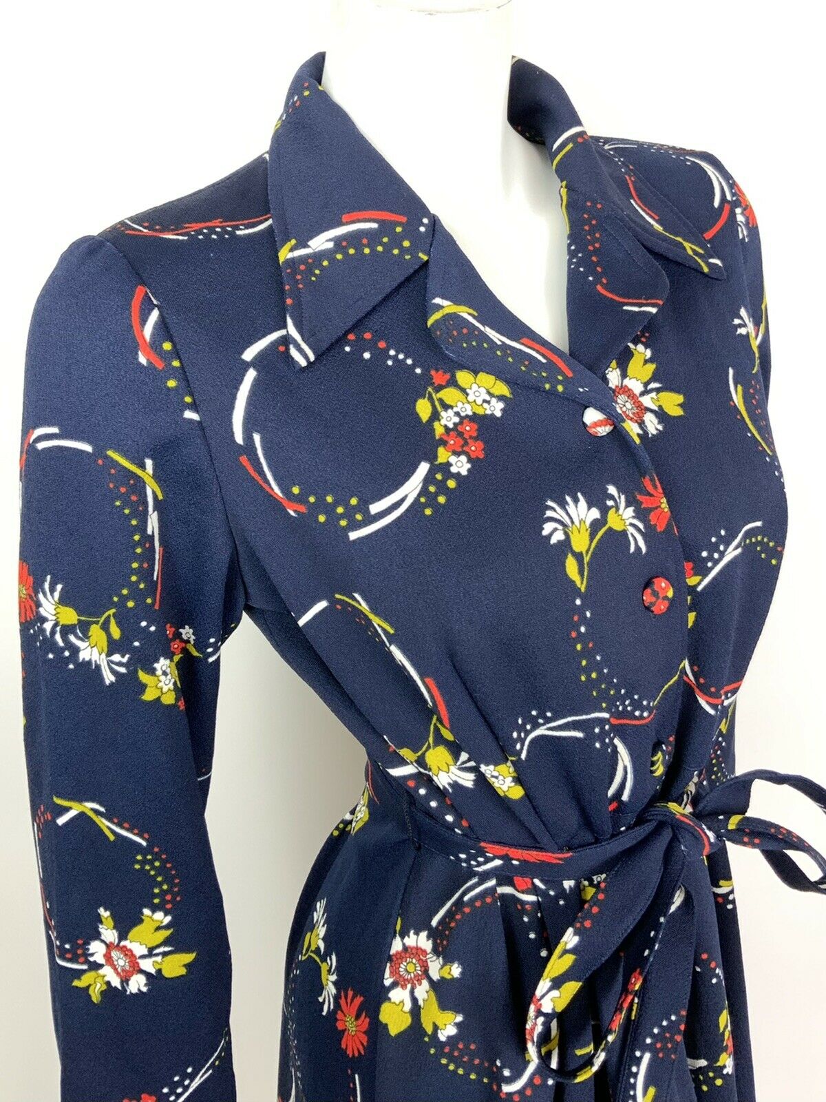 VINTAGE 60s 70s BLUE RED YELLOW FLORAL DAGGER COLLAR BELTED SHIRT DRESS 12 14