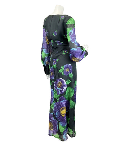 VINTAGE 60s 70s BLACK PURPLE GREEN FLORAL LONG-SLEEVE MAXI DRESS 12 14