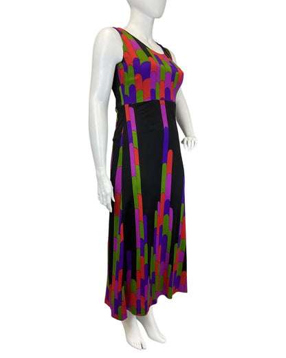 VINTAGE 60s 70s BLACK GREEN PURPLE GEOMETRIC MOD STRIPED MAXI DRESS 14 16