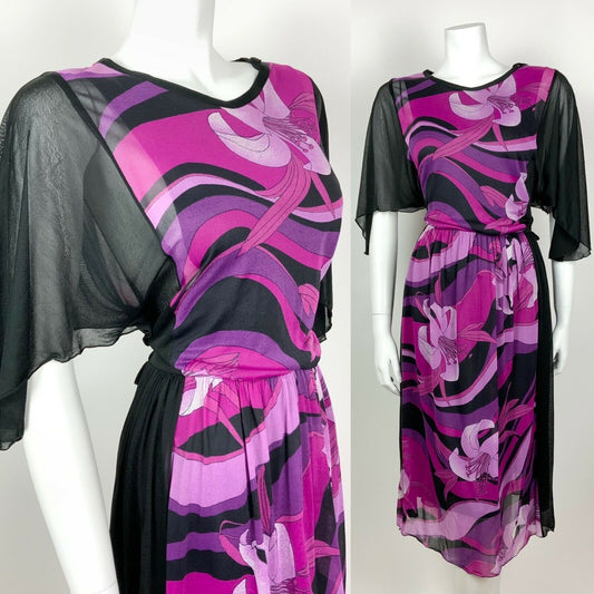 VINTAGE 70s 80s BLACK PURPLE PINK PSYCHEDELIC SWIRL LILY SHEER MIDI DRESS 10 12