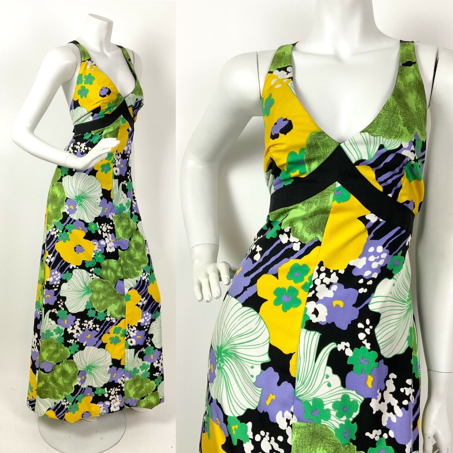 VINTAGE 60s 70s BLACK GREEN YELLOW LILAC FLORAL PSYCHEDELIC MAXI DRESS 10 12