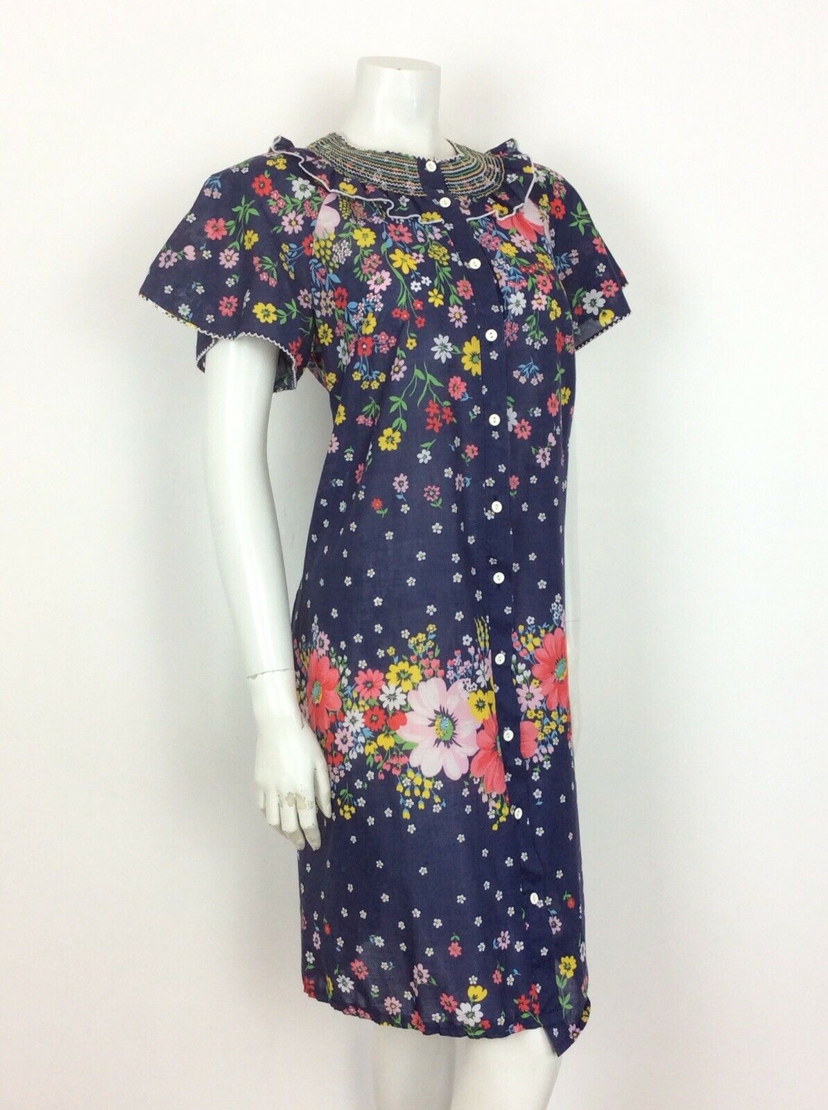 BEAUTIFUL VTG 60S 70S BLUE FLORAL COTTON SHIRRED DRESS 12 14