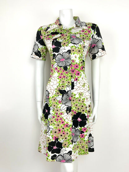 VTG 60s 70s BLACK WHITE PINK GREEN BEIGE PSYCHEDELIC FLORAL DITSY SHIRT DRESS 16