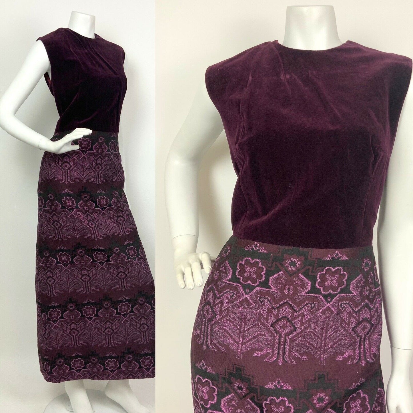 VINTAGE 60s 70s PURPLE PINK BLACK AZTEC GEOMETRIC FLORAL VELVET MAXI DRESS 10 12