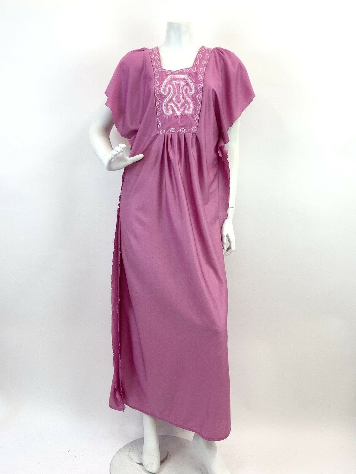 VINTAGE 60s 70s ROSE PINK WHITE EMBROIDERED BOHO FOLK KAFTAN MAXI DRESS 10 12