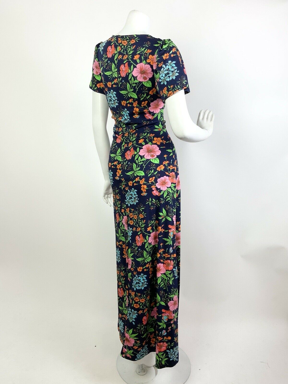 VTG 60s 70s BLUE PINK GREEN RED FLORAL BOTANICAL PSYCHEDELIC MAXI DRESS 10 12