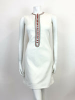 VINTAGE 60s 70s WHITE RED GREEN BUTTON BIB FRONT MOD SCOOTER SHIFT DRESS 6 8