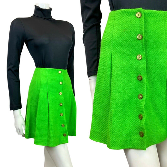 VINTAGE 60s 70s BRIGHT GREEN BRASS MOD PLEATED SHORT MINI SKIRT 4