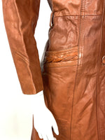 VTG 60s 70s TAN ORANGE BROWN DAGGER COLLAR MOD LONG LEATHER COAT 6 8