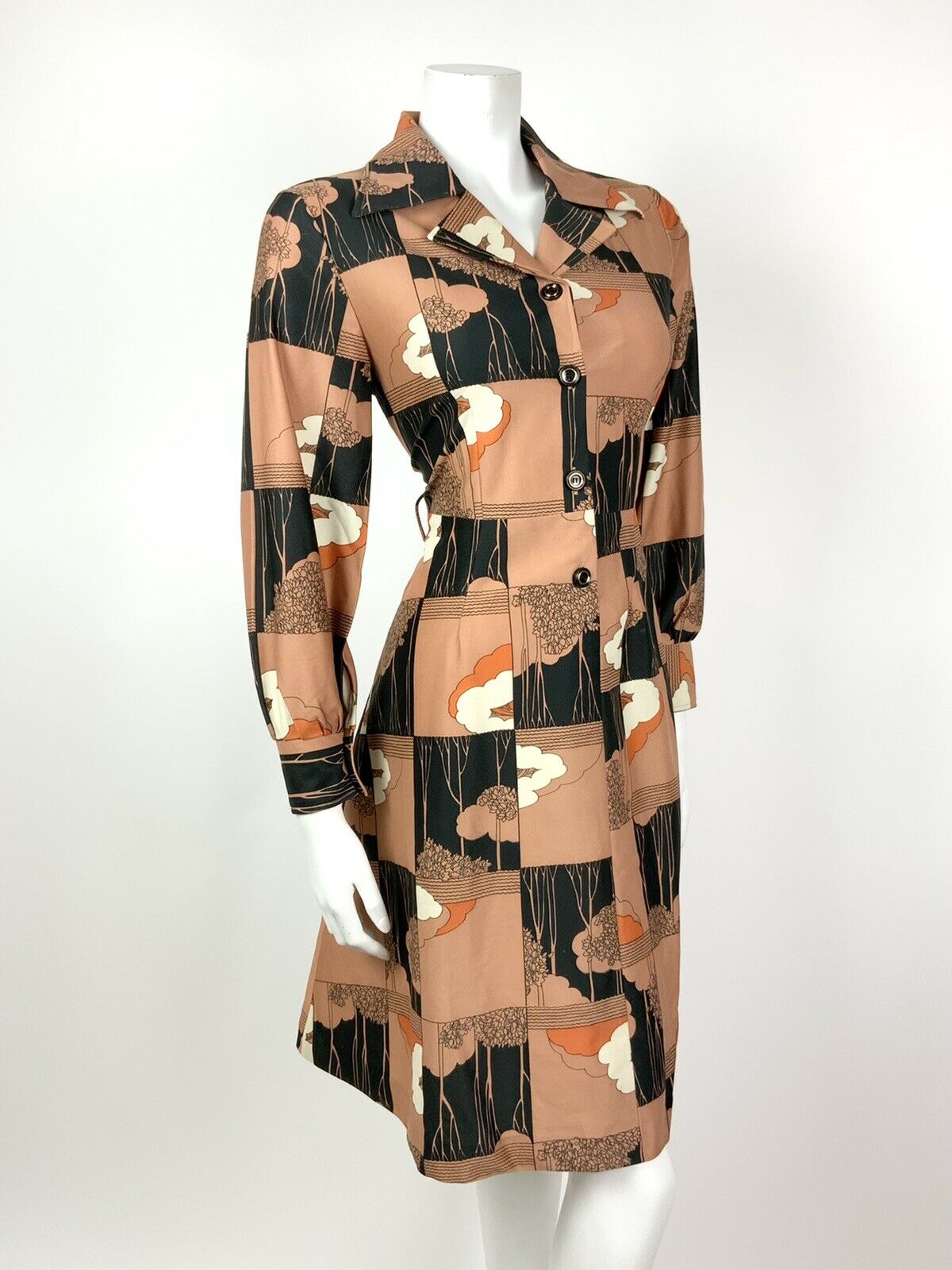 VINTAGE 60s 70s BROWN BLACK WHITE ORANGE TREE LEAF SQUARE DAGGER SHIRT DRESS 14