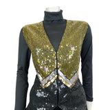 VINTAGE 70s 80s BLACK YELLOW GOLD SILVER ZIG-ZAG DISCO PARTY WAISTCOAT 16 18