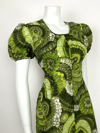 VTG 60s 70s GREEN WHITE FLORAL PSYCHEDELIC SHEER SHEATH DRESS 10 12