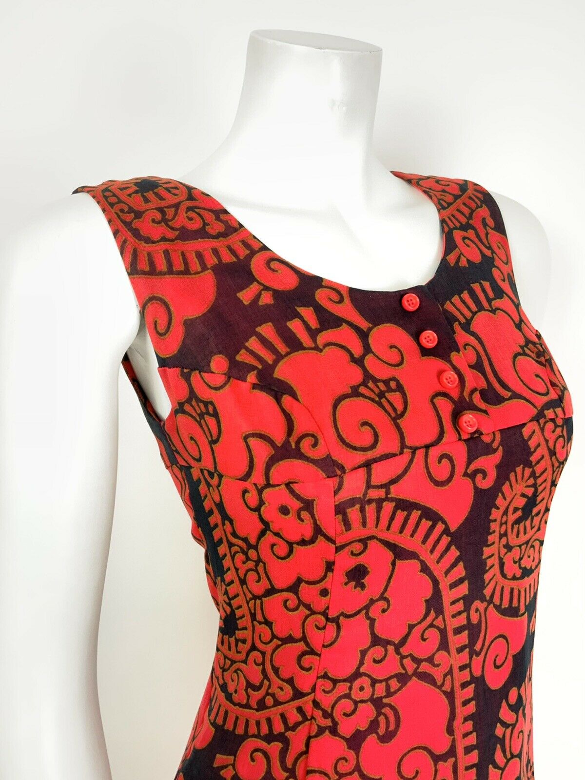 VINTAGE 60s 70s RED BLUE FLORAL PAISLEY EMPIRE LINE SLEEVELESS MOD DRESS 6 8