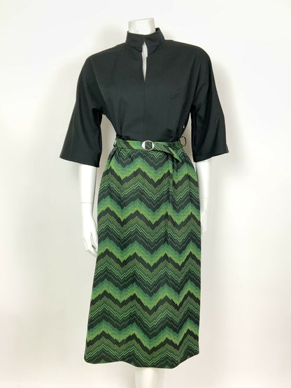 VINTAGE 60s 70s BLACK GREEN LIME ZIG-ZAG CHEVRON PIXEL BELTED MIDI DRESS 12 14