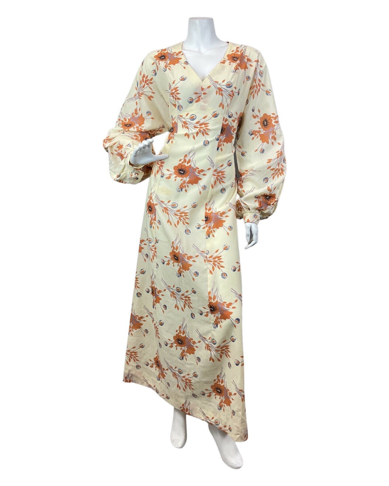 VINTAGE 60s 70s CREAM ORANGE FLORAL PUFF SLEEVE BOHO PRAIRIE MAXI DRESS 12 14