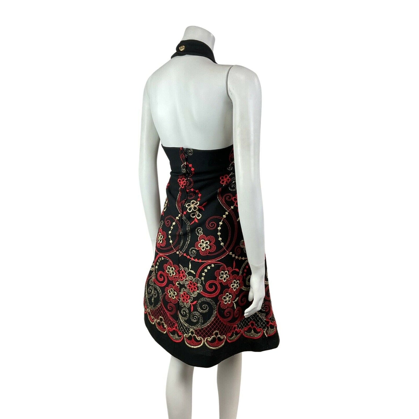 VINTAGE 60s 70s BLACK RED GOLD FLORAL EMBROIDERED PARTY GLAM HALTER DRESS 14