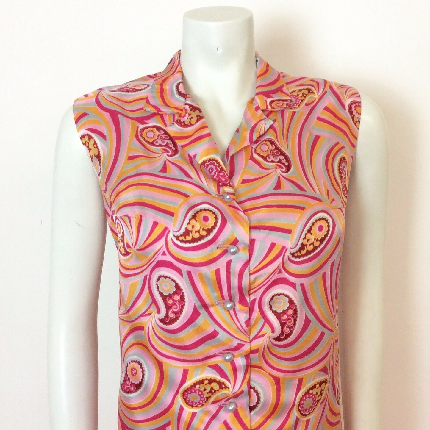 VINTAGE 60S 70S PINK ORANGE SWIRLY PSYCHEDELIC PAISLEY DRESS 14