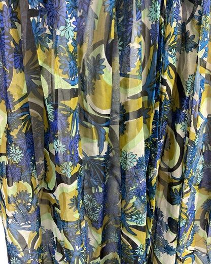 VINTAGE 60s 70s BLUE GREEN GOLD PSYCHEDELIC FLORAL SWIRL SHEER MAXI DRESS 8 10