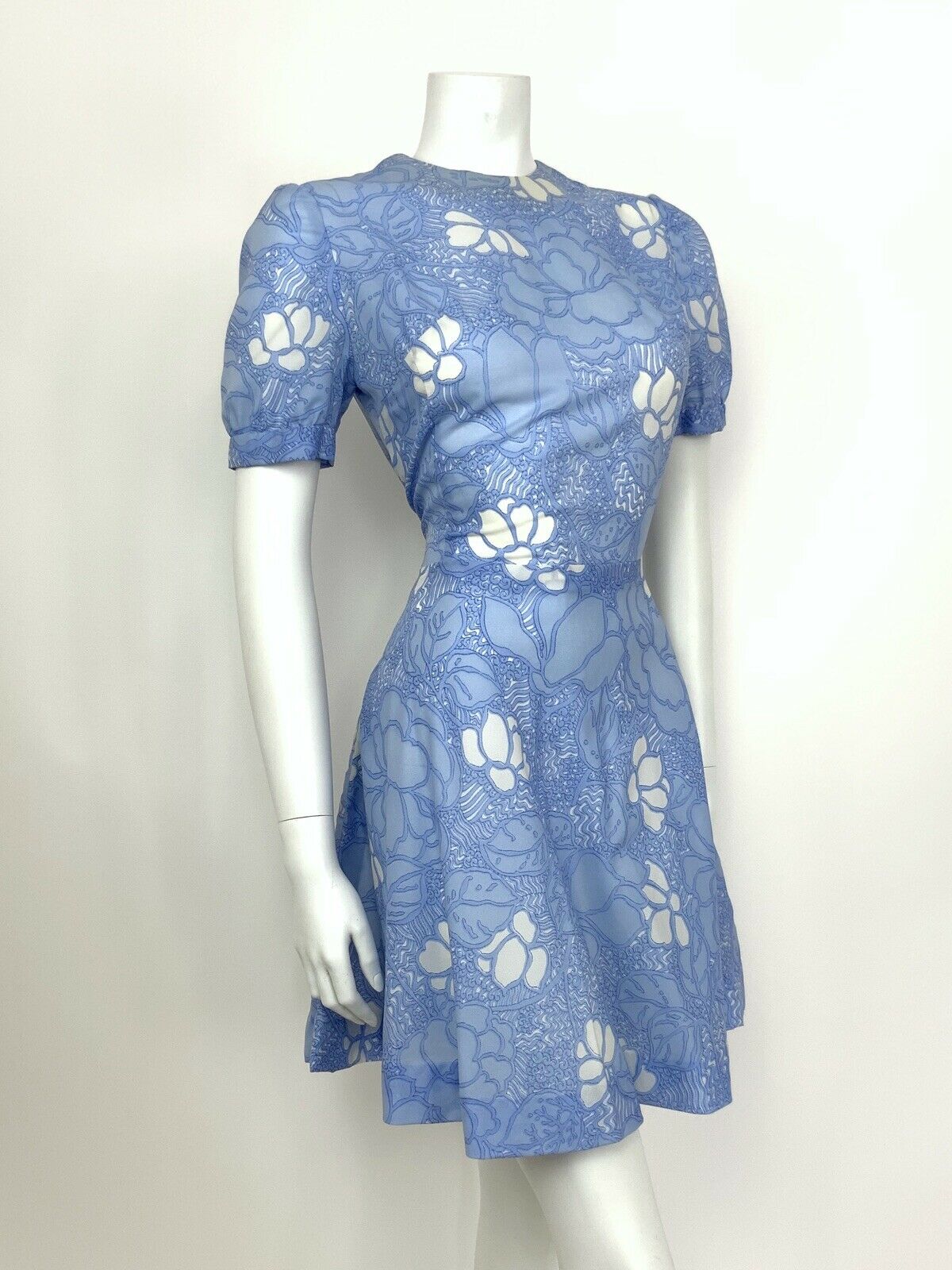 VINTAGE 60s 70s PALE BLUE WHITE FLORAL SWING SUMMER DRESS 12 14