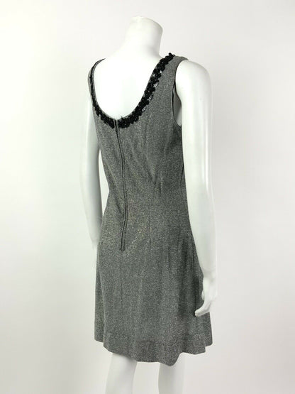 VTG 60s 70s BLACK SILVER GLITTER LUREX SEQUIN TRIM PARTY STUDIO 54 DRESS 10 12