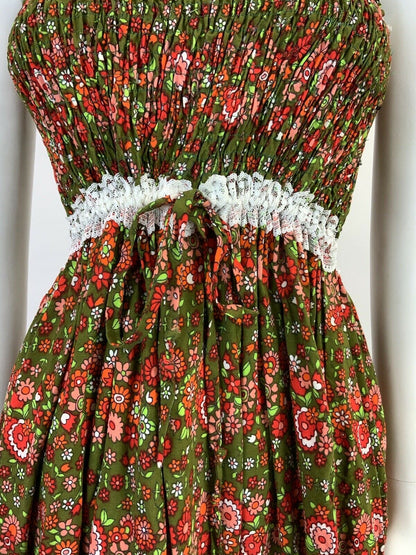 VINTAGE 60s 70s GREEN RED PINK WHITE FLORAL DISTY LACE MOD MINI HALTER DRESS 10