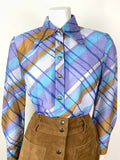 VTG 60s 70s PURPLE BLUE BRONZE CHECKED PLAID DAGGER COLLAR SHIRT BLOUSE 12 14