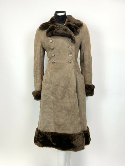 VINTAGE 60s 70s PEANUT BROWN SUEDE SHEARLING DOUBLE-BREASTED PRINCESS COAT 10 12