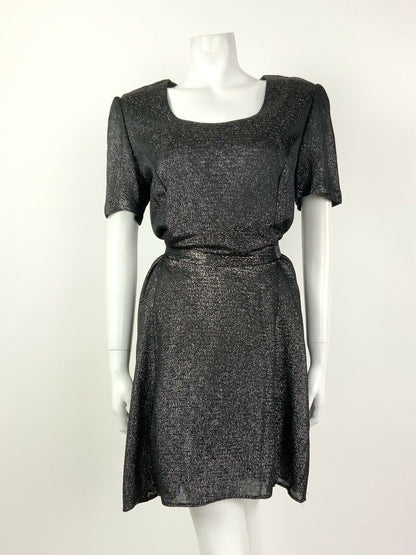 VINTAGE 60s 70s BLACK SILVER GLITTER DISCO STUDIO 54 BLOUSON DRESS 8 10 12