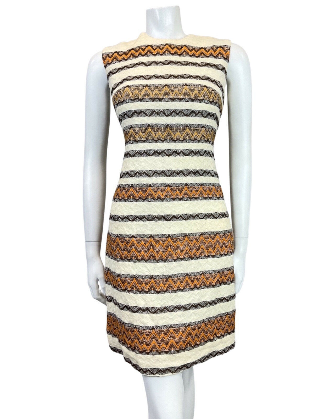 VTG 60s 70s CREAM BROWN ORANGE STRIPED KNITTED WOOL MOD MINI SHIFT DRESS 8 10